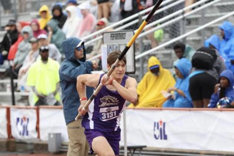 Meadow Bronco Senior Tate McBee battled rain and a weather delay to finish 3rd and earn a bronze medal at the State Track Meet with a personal record of 12’6