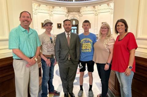 Meadow ISD’s Ryder Day and Trevor Brockway competed in the State UIL meet in Austin on Saturday. Trevor competed in science and placed 5th overall. Ryder Day competed in LD debate. Pictured with the Meadow team is State Representative Dustin Burrows, after a tour of the state capitol.